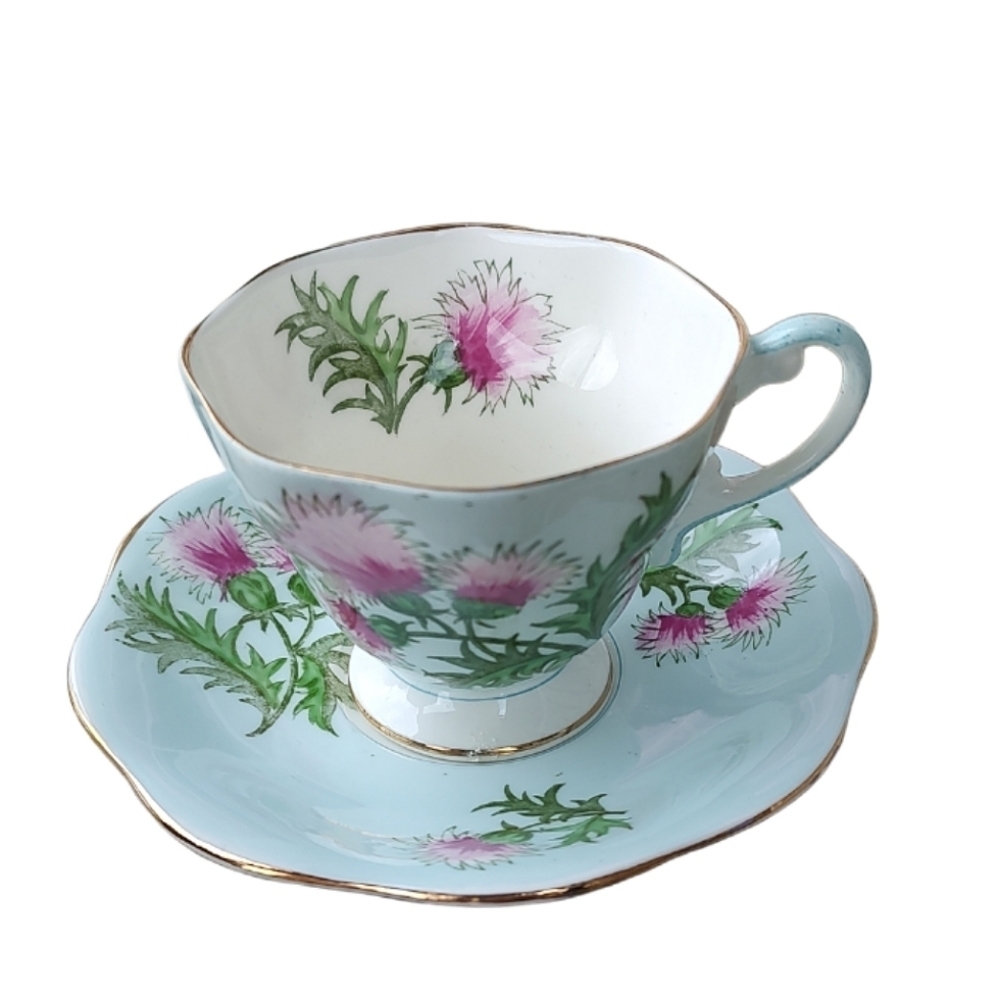 Glengarry Thistle Foley China Teacup Set Sea Glass And Bubble Gum Color